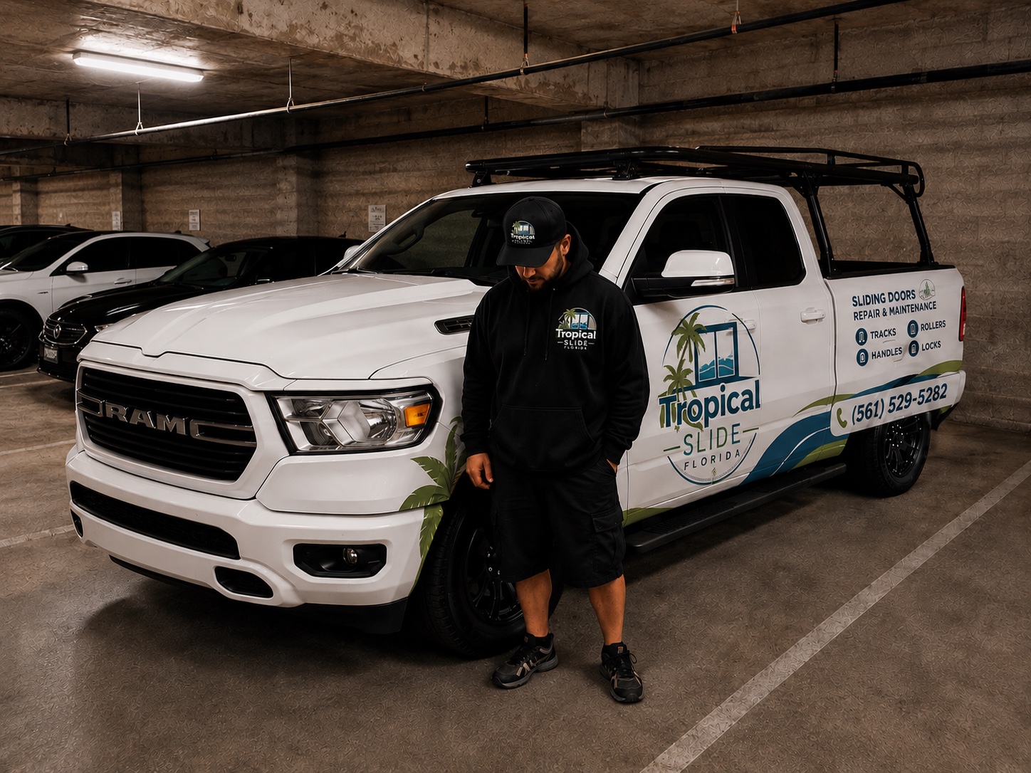 Tropical Slide technician beside branded service vehicle