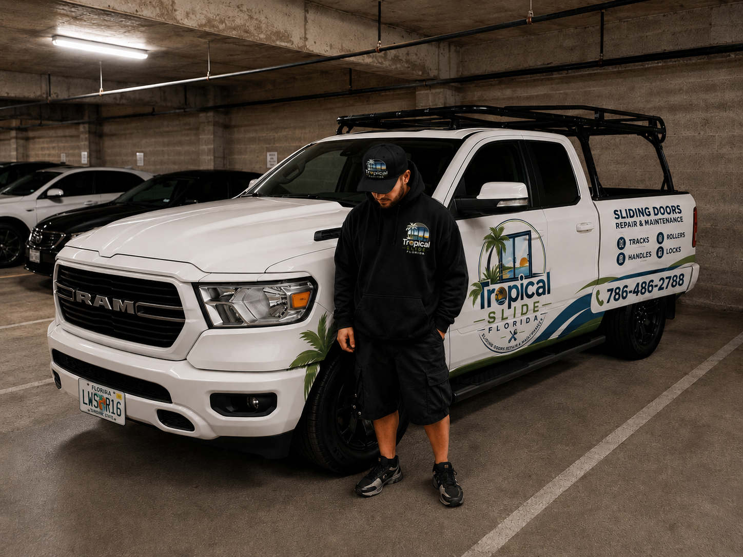 Danny Mittler with the Tropical Slide Florida truck — locally owned sliding door repair